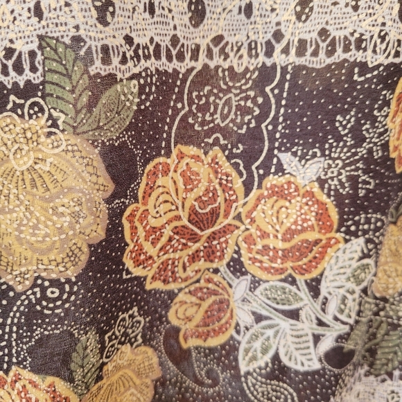 Vintage Grandma SKY 90s Floral Tan & Cream Airy Short Sleeve Top - Picture 9 of 10